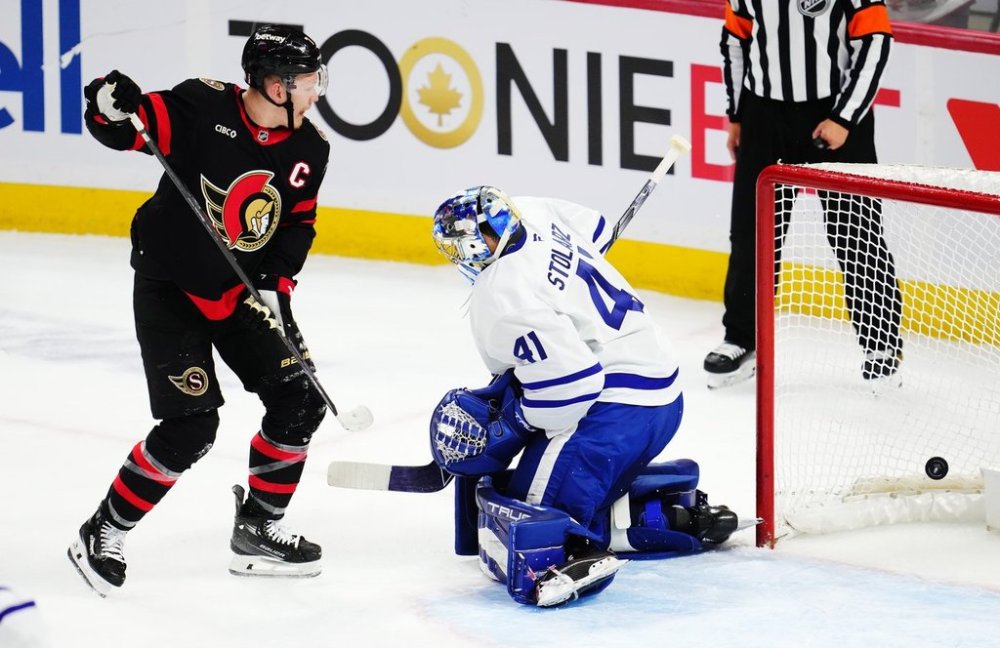Ottawa Senators' Brady Tkachuk (7) scores on Toronto Maple Leafs goaltender Anthony Stolarz (41) during second period NHL playoff hockey action in Ottawa on Thursday, May 1, 2025. THE CANADIAN PRESS/Sean Kilpatrick