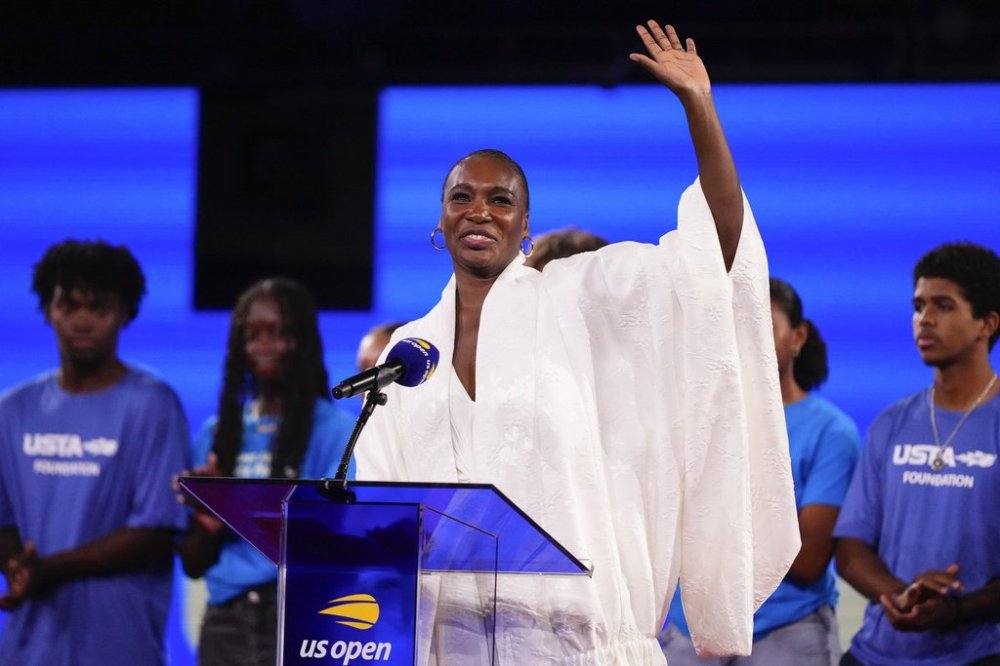 Venus Williams speaks during a ceremony at Arthur Ashe Stadium between matches during the women's singles semifinals of the U.S. Open tennis championships, Thursday, Sept. 4, 2025, in New York. (AP Photo/Yuki Iwamura)
