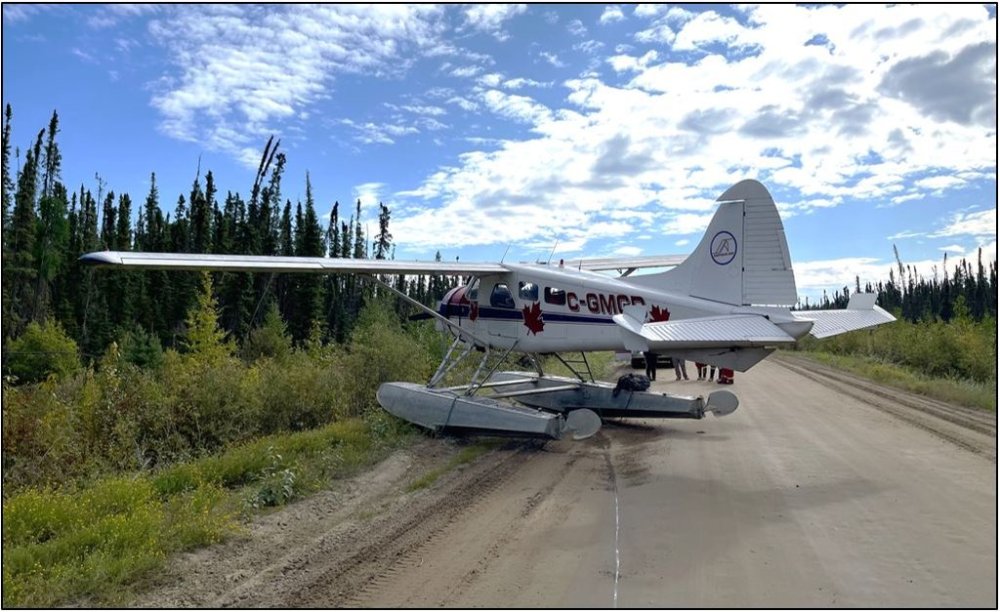 The pilot of a float plane, seen in this handout photo from the Transportation Safety Board of Canada, safely landed on a rural highway in the Northwest Territories, on Aug. 29, 2024, after running out of fuel mid-flight. THE CANADIAN PRESS/Handout - TSB (Mandatory Credit)