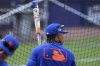 New York Mets' Francisco Lindor holds his Players' Weekend bat while waiting his turn in the batting cage before the Little League Classic baseball game against the Seattle Mariners at Bowman Field in Williamsport, Pa., Sunday, Aug. 17, 2025. (AP Photo/Gene J. Puskar)