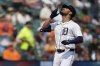 Detroit Tigers' Riley Greene celebrates after hitting a two-run home run during the sixth inning of a baseball game against the Los Angeles Angels, Sunday, Aug. 10, 2025, in Detroit. (AP Photo/Ryan Sun)