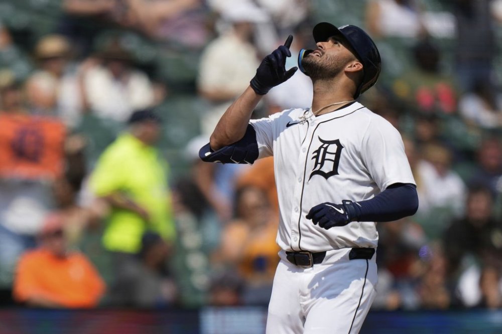 Detroit Tigers' Riley Greene celebrates after hitting a two-run home run during the sixth inning of a baseball game against the Los Angeles Angels, Sunday, Aug. 10, 2025, in Detroit. (AP Photo/Ryan Sun)