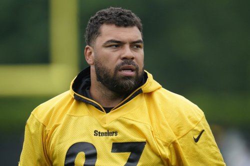 FILE - Pittsburgh Steelers defensive lineman Cam Heyward prepares to go through drills during NFL football practice, Tuesday, June 7, 2022, in Pittsburgh. (AP Photo/Keith Srakocic, File)