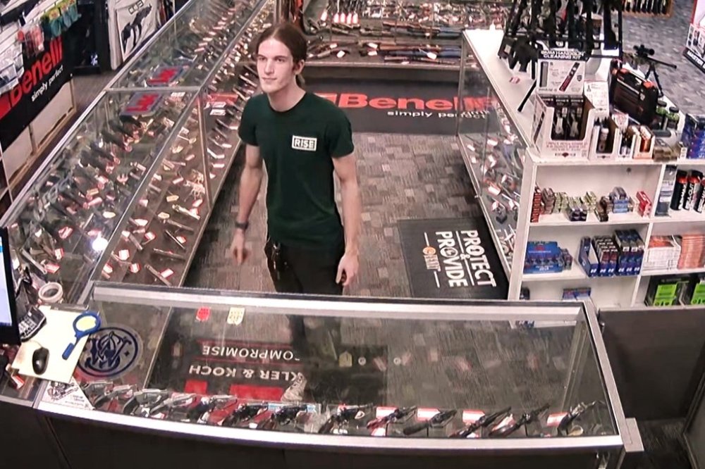 An image made from surveillance footage provided by Kory Krause shows Robin Westman inside the Frontiersman Sports gun shop in St. Louis Park, Minn., on Saturday, Aug. 23, 2025. (Kory Krause/Frontiersman Sports via AP)