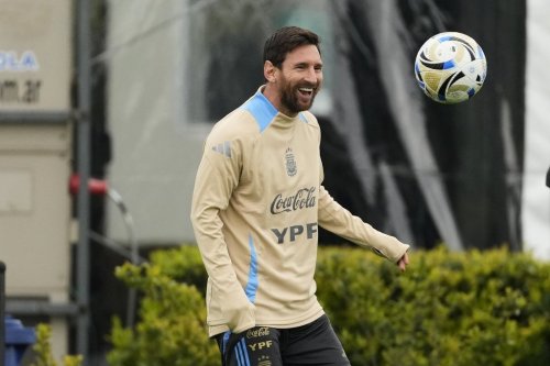 Argentina's Lionel Messi smiles during a training session ahead of a World Cup 2026 qualifying soccer match against Venezuela, at the Argentina Soccer Association in Buenos Aires, Argentina, Tuesday, Sept. 2, 2025. (AP Photo/Gustavo Garello)