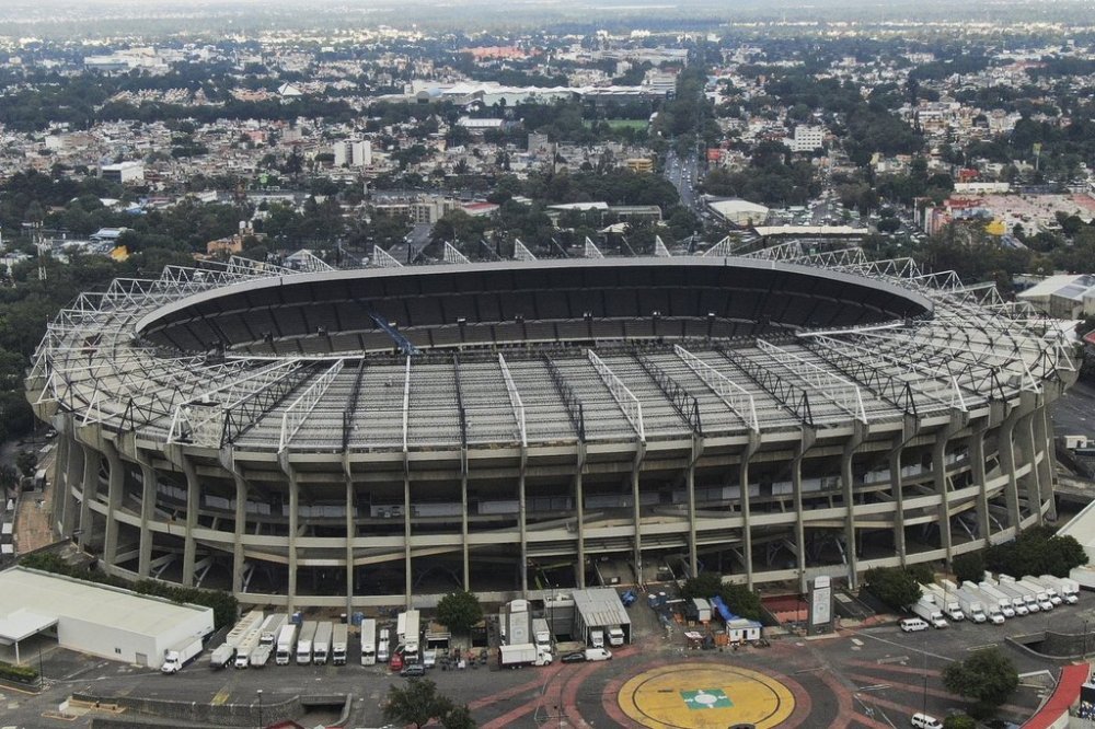 FILE - An areal view of the Azteca Stadium in Mexico City, Wednesday, June 11, 2025. A hybrid field, updated locker rooms, elevators and hospitality zones are among the new added features of the stadium in preparation for the 2026 World Cup. (AP Photo/Fernando Llano, File)