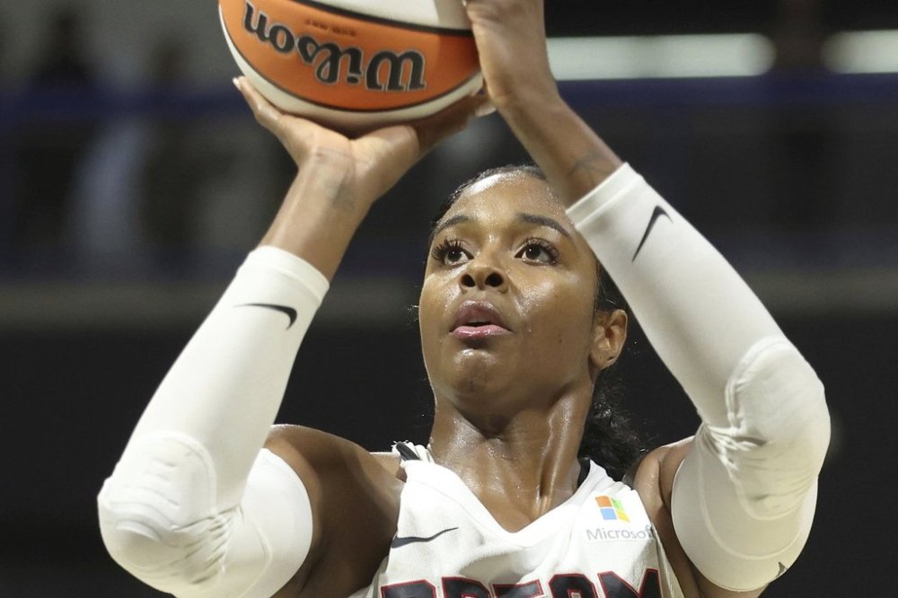 FILE - Then-Atlanta Dream forward Cheyenne Parker-Tyus shoots a free-throw against the Los Angeles Sparks during a WNBA basketball game, Wednesday, May 15, 2024, in Long Beach, Calif. (AP Photo/Jeff Lewis, File)