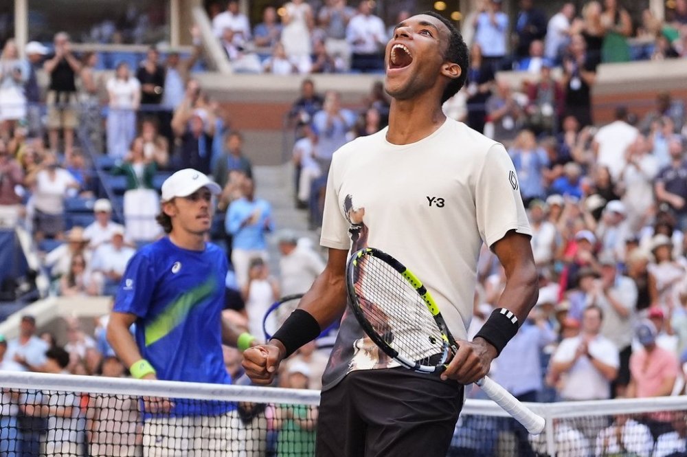 Felix Auger-Aliassime, of Canada, reacts after defeating Alex de Minaur, of Australia, during the quarterfinal round of the U.S. Open tennis championships, Wednesday, Sept. 3, 2025, in New York. (AP Photo/Yuki Iwamura)