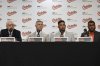 From left to right, Baltimore Orioles owner David Rubenstein, executive vice president and general manager Mike Elias, rookie catcher Samuel Basallo and vice president of international scouting Koby Perez take questions from the media during Basallo's contract extension press conference Saturday, Aug. 23, 2025, in Baltimore. (AP Photo/Terrance Williams)