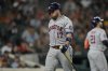 Houston Astros' Victor Caratini reacts after striking out swinging during the ninth inning of a baseball game against the Detroit Tigers, Monday, Aug. 18, 2025, in Detroit. (AP Photo/Ryan Sun)