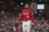 St. Louis Cardinals' Willson Contreras walks off the field after he was hit by a batted ball by Alec Burleson for an out to end the seventh inning of a baseball game against the Chicago Cubs Friday, Aug. 8, 2025, in St. Louis. (AP Photo/Jeff Roberson)