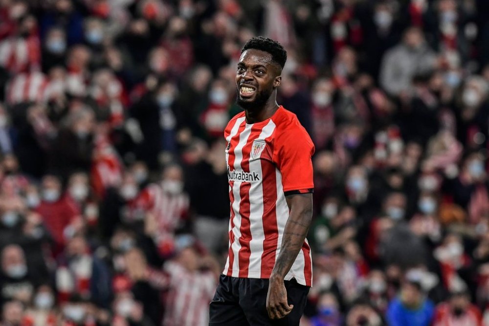 FILE - Athletic Bilbao's Inaki Williams reacts during a Spanish Copa del Rey semifinal first leg soccer match between Athletic Club and Valencia at the San Mames stadium in Bilbao, Spain, Thursday, Feb. 10, 2022. (AP Photo/Alvaro Barrientos, File)