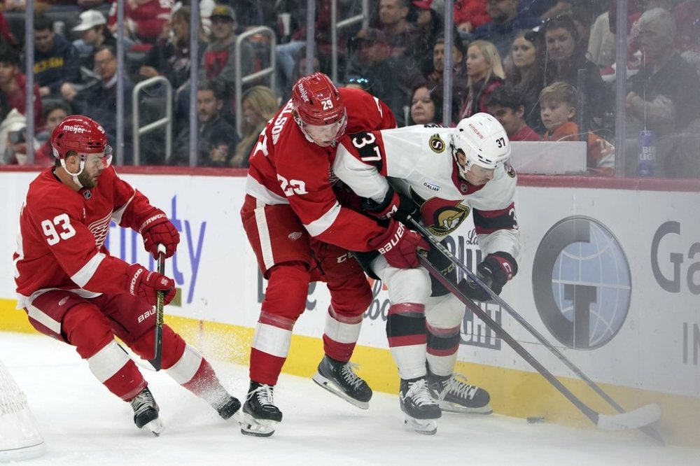 Detroit Red Wings center Nate Danielson (29) and Ottawa Senators defenseman Donovan Sebrango (37) reach for the puck during the second period of an NHL preseason hockey game, Friday, Oct. 4, 2024, in Detroit. (AP Photo/Carlos Osorio)