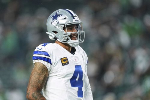 Dallas Cowboys quarterback Dak Prescott warms up before an NFL football game against the Philadelphia Eagles Thursday, Sept. 4, 2025, in Philadelphia. (AP Photo/Matt Rourke)