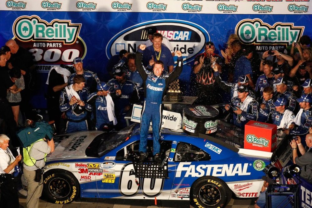 FILE - Nationwide Series driver Carl Edwards (60) celebrates winning the NASCAR Nationwide O'Reilly Auto Parts 300 auto race at Texas Motor Speedway in Fort Worth, Texas, April 8, 2011. (AP Photo/LM Otero, File)