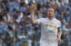 Napoli's Kevin De Bruyne celebrates after scoring during the pre-season friendly soccer match between Napoli and Girona at the Teofilo Patini Stadium in Castel Di Sangro, Italy, Saturday, Aug. 9, 2025. (Alessandro Garofalo/LaPresse via AP)