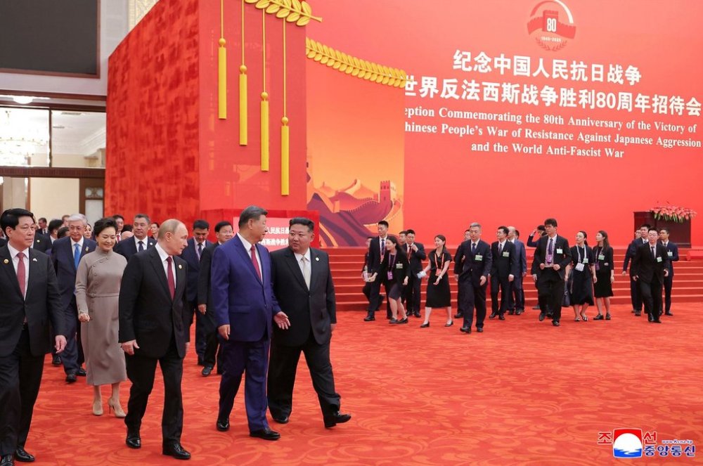 In this photo provided by the North Korean government, from second left in front, Russian President Vladimir Putin, Chinese President Xi Jinping and North Korean leader Kim Jong Un arrive for a reception marking the 80th anniversary of the end of World War II, at the Great Hall of the People in Beijing Wednesday, Sept. 3, 2025. Independent journalists were not given access to cover the event depicted in this image distributed by the North Korean government. The content of this image is as provided and cannot be independently verified. Korean language watermark on image as provided by source reads: