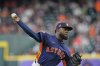 Houston Astros starting pitcher Cristian Javier throws against the Baltimore Orioles during the first inning of a baseball game Sunday, Aug. 17, 2025, in Houston. (AP Photo/David J. Phillip)