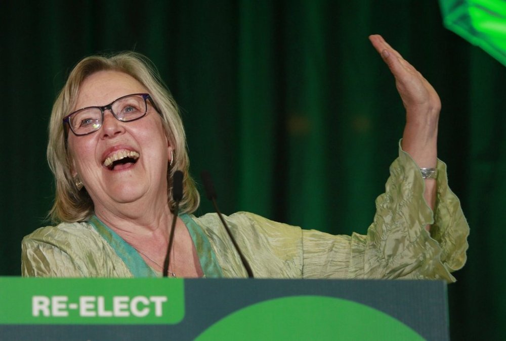 Green Party co-Leader Elizabeth May thanks all who supported her and her campaign after being re-elected while at the Church and State Winery in Brentwood Bay, B.C., Monday, April 28, 2025. THE CANADIAN PRESS/Chad Hipolito