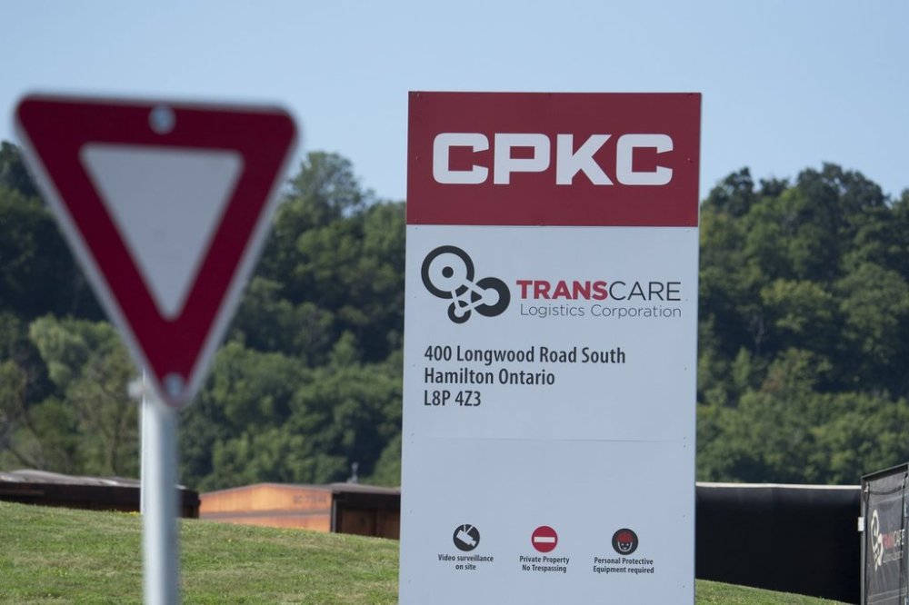 The sign at the entrance to the CPKC Yard on Aberdeen Ave. in Hamilton, Ont., Thursday, Aug. 22, 2024. THE CANADIAN PRESS/Peter Power