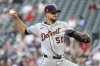 Detroit Tigers starting pitcher Charlie Morton (50) delivers against the Minnesota Twins during the first inning of a baseball game Friday, Aug. 15, 2025, in Minneapolis. (AP Photo/Matt Krohn)