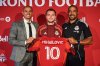 Toronto FC General Manager Jason Hernandez, left to right, Toronto FC midfielder Djordje Mihailovic and Toronto FC Head Coach Robin Fraser are photographed after a press conference in Toronto, on Friday, Aug. 8, 2025. THE CANADIAN PRESS/Sammy Kogan