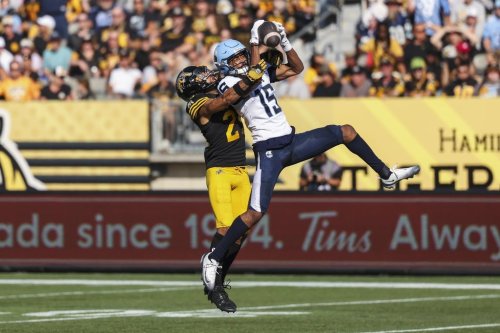 Toronto Argonauts receiver Makai Polk (15) makes a catch during the second half of a CFL game against the Tiger-Cats in Hamilton, Ont., on Monday, Sept. 1, 2025. THE CANADIAN PRESS/Nick Iwanyshyn