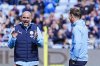 Manchester City manager Pep Guardiola and assistant coach Pep Lijnders during a training session at the City Football Academy, Manchester, England, Tuesday, Aug. 5, 2025. (Peter Byrne/PA via AP)