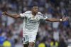 Real Madrid's Kylian Mbappe celebrates after scoring from a penalty kick during the La Liga soccer match between Real Madrid and Osasuna in Madrid, Spain, Tuesday, Aug. 19, 2025. (AP Photo/Manu Fernandez)
