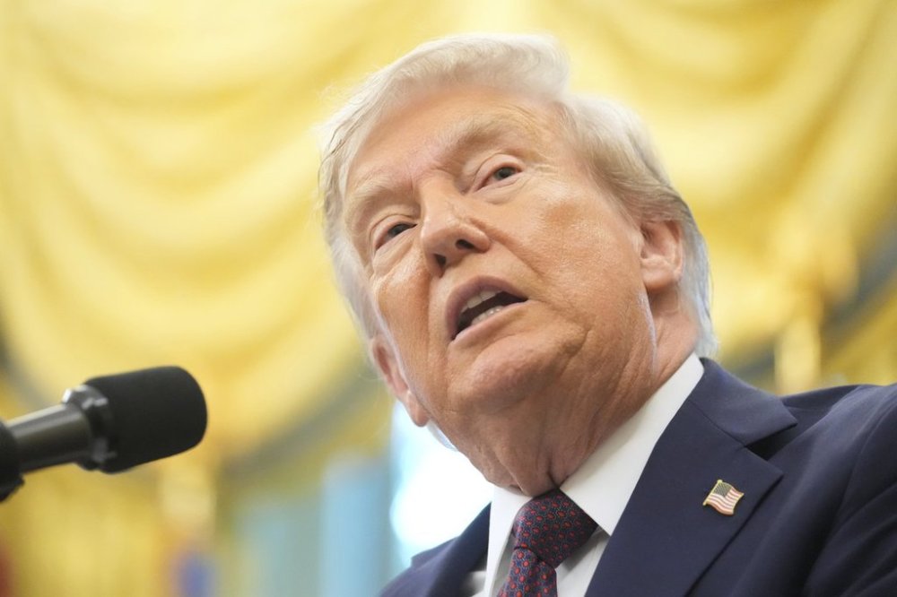 U.S. President Donald Trump speaks during an event about the relocation of U.S. Space Command headquarters from Colorado to Alabama in the Oval Office of the White House on Tuesday, Sept. 2, 2025, in Washington. (AP Photo/Mark Schiefelbein)