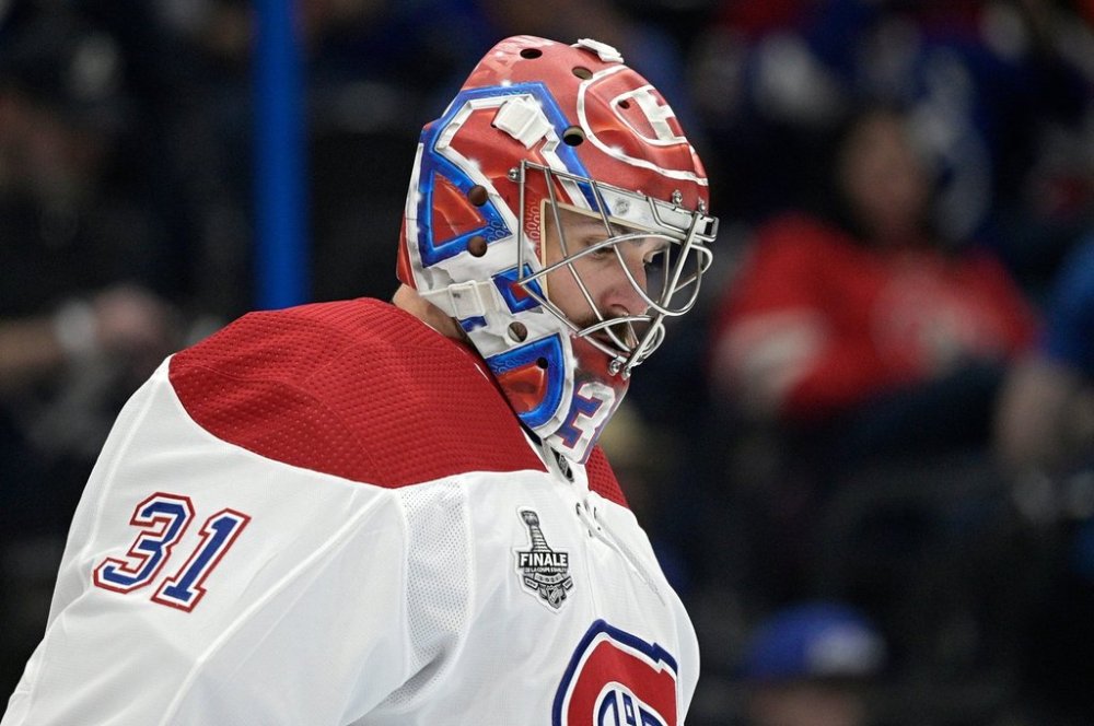 FILE - Montreal Canadiens goaltender Carey Price stands in the crease during the second period of Game 2 of the team's NHL hockey Stanley Cup Finals against the Tampa Bay Lightning June 30, 2021, in Tampa, Fla. (AP Photo/Phelan M. Ebenhack, File)
