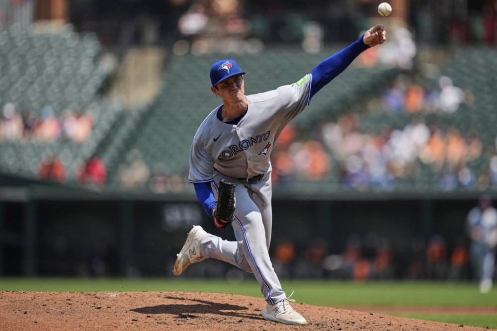 Toronto Blue Jays starting pitcher Easton Lucas delivers during the second inning in the first baseball game of a doubleheader against the Baltimore Orioles, Tuesday, July 29, 2025, in Baltimore. (AP Photo/Stephanie Scarbrough)
