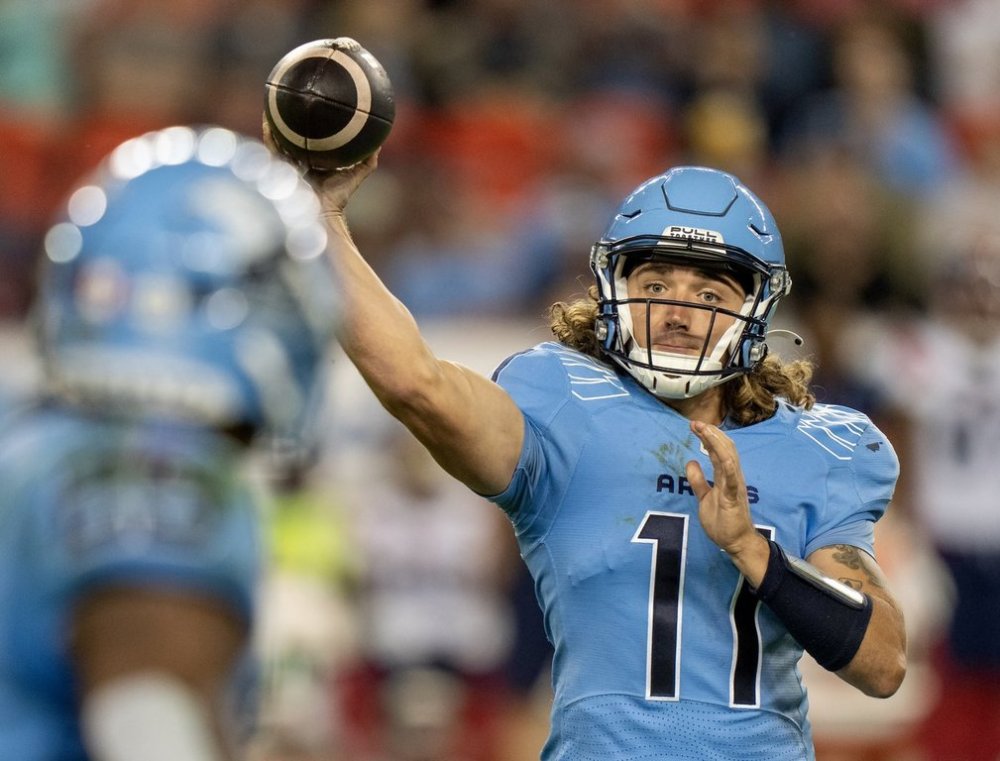 Toronto Argonauts quarterback Cameron Dukes (11) throws a pass in second half CFL action against the Montreal Alouettes, in Toronto on Friday June 28, 2024. HE CANADIAN PRESS/Frank Gunn