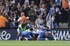 Brighton and Hove Albion players celebrate after Brighton's Brajan Gruda scored his side's second goal during the English Premier League soccer match between Brighton and Hove Albion and Manchester City at the Falmer stadium in Brighton, England, Sunday, Aug. 31, 2025. (AP Photo/Ian Walton)
