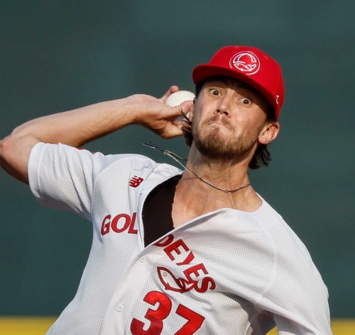 JOHN WOODS / FREE PRESS
Goldeyes opening pitcher Luke Boyd (37) throws at the Winnipeg Goldeyes vs Fargo-MoorheadRedhawks game in Winnipeg Monday, July 28, 2025. 

Reporter: taylor