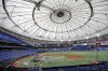 FILE — Members of the Tampa Bay Rays take batting practice at Tropicana Field before a baseball game against the Toronto Blue Jays, July 24, 2020, in St. Petersburg, Fla. (AP Photo/Chris O'Meara, File)