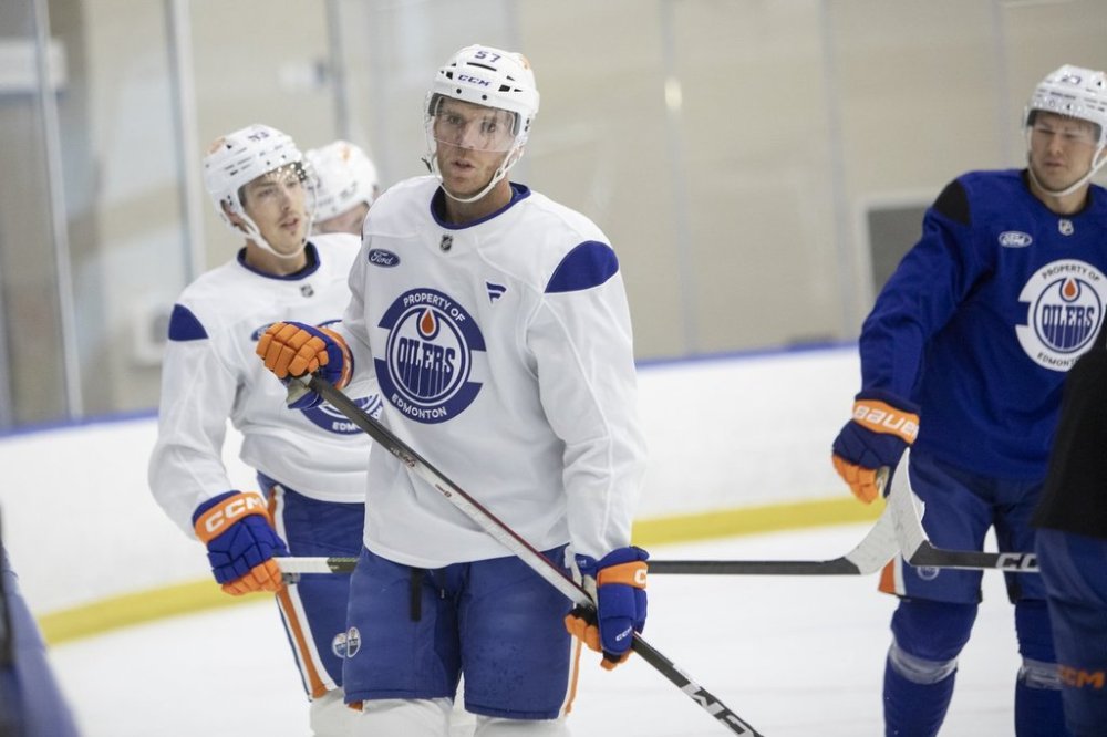 Edmonton Oilers' Connor McDavid (97) looks on during training camp in Edmonton on Thursday Sept. 18, 2025. THE CANADIAN PRESS/Amber Bracken