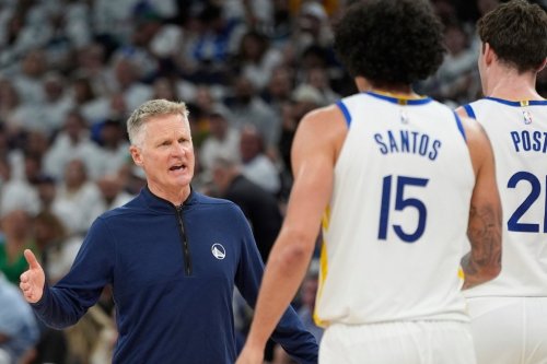 FILE - Golden State Warriors head coach Steve Kerr looks towards Golden State Warriors forward Gui Santos (15) and Golden State Warriors center Quinten Post (21) during the second half of Game 5 of an NBA basketball second-round playoff series, May 14, 2025, in Minneapolis. (AP Photo/Abbie Parr, File)