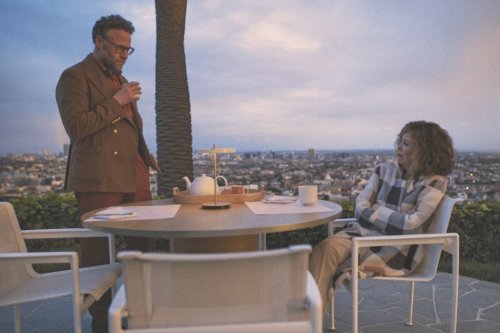 This image released by Apple TV+ shows Seth Rogen, left, and Catherine O'Hara in a scene from 