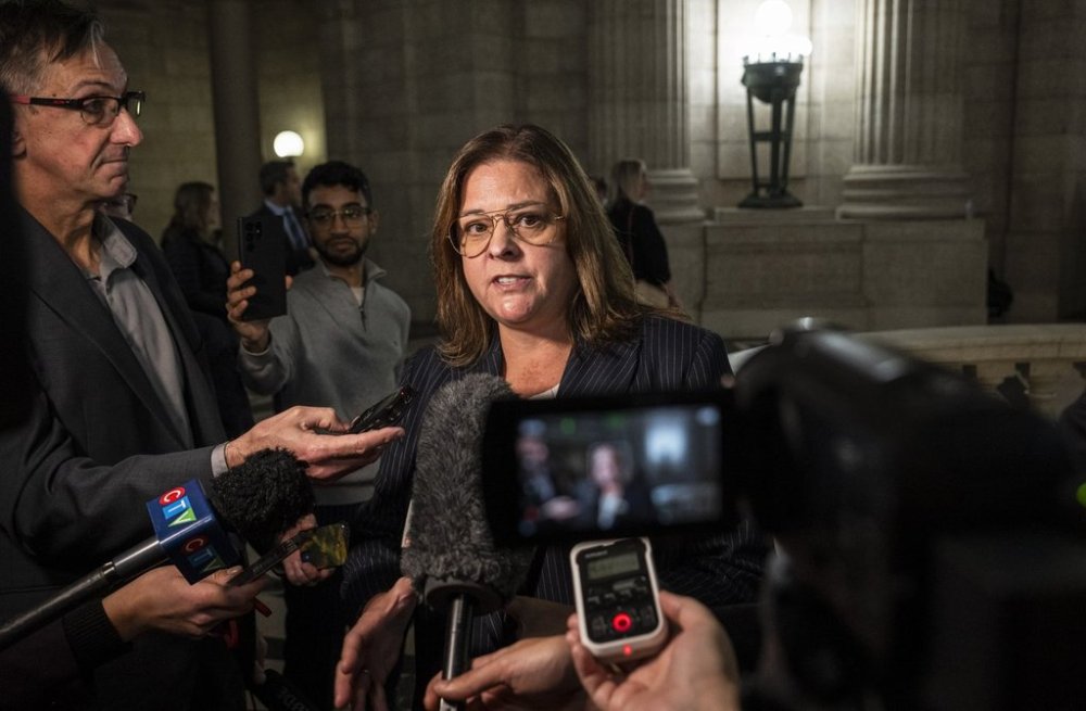 Heather Stefanson, speaks to media after the completion of the 43rd Manitoba legislature throne speech at the Manitoba Legislative Building in Winnipeg, Tuesday, Nov. 21, 2023. THE CANADIAN PRESS/Aaron Vincent Elkaim