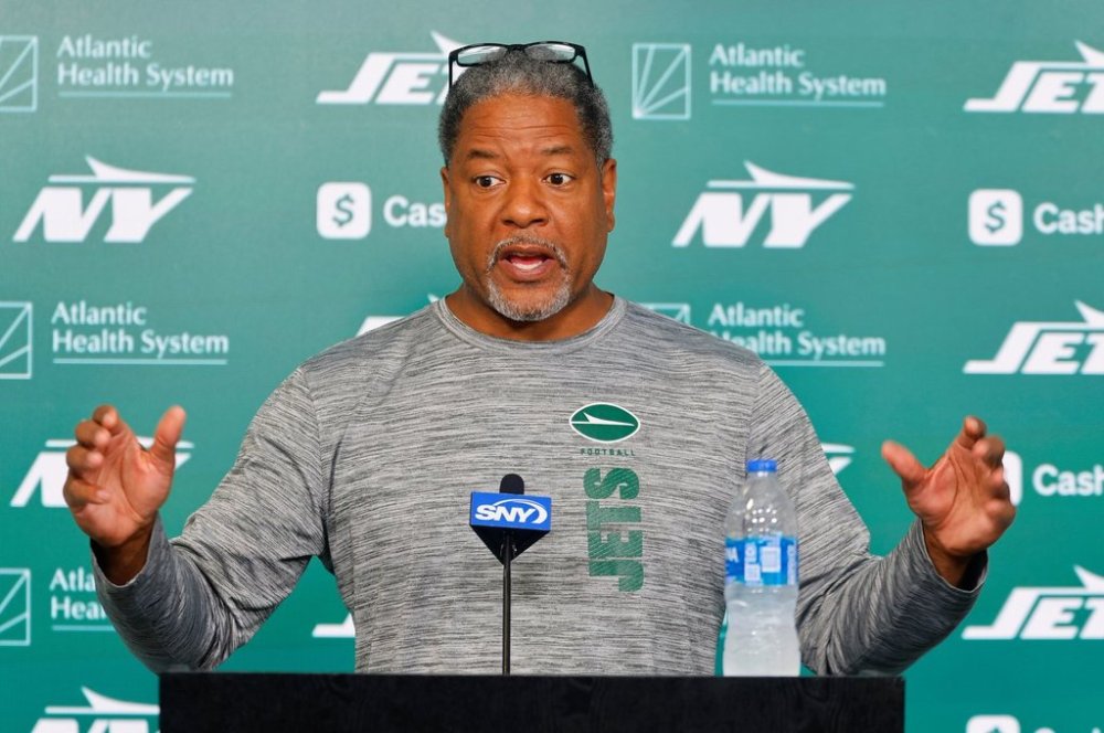 FILE - New York Jets defensive coordinator Steve Wilks answers questions from media at the NFL football team's minicamp, Wednesday, June 11, 2025, in Florham Park,N.J. (AP Photo/Noah K. Murray, File)