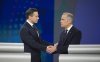 Conservative Leader Pierre Poilievre, left, and Liberal Leader Mark Carney shake hands following the English-language federal leaders' debate in Montreal on Thursday, April 17, 2025. THE CANADIAN PRESS/Christopher Katsarov
