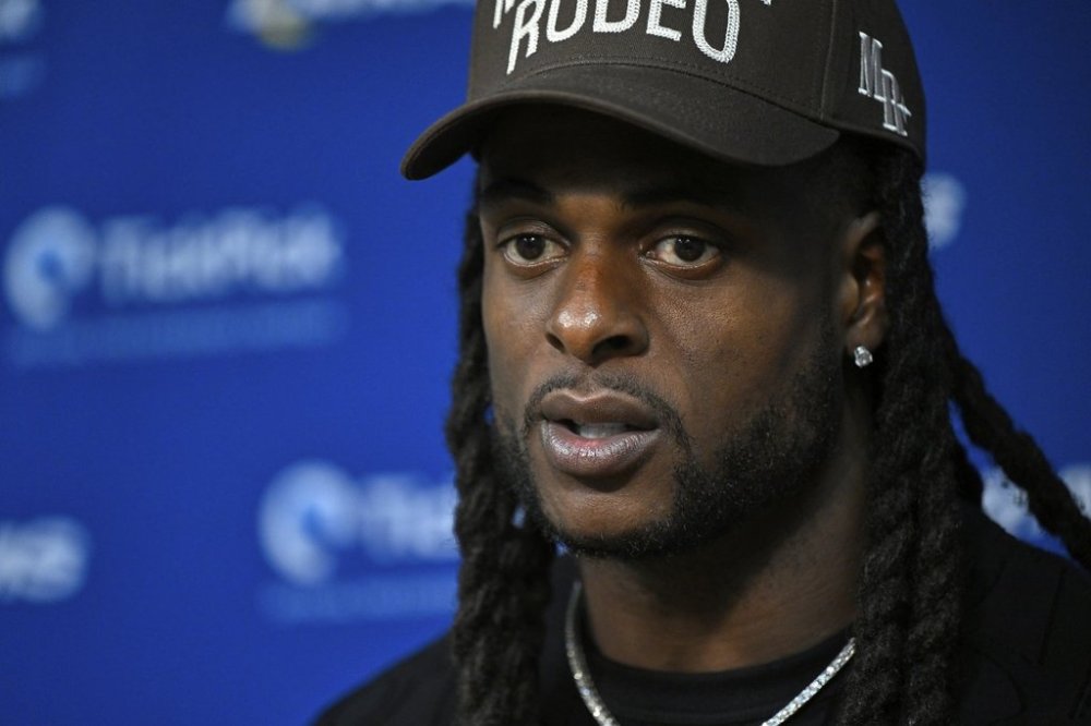 Los Angeles Rams wide receiver Davante Adams speaks during a news conference after the Rams defeated the Tennessee Titans in an NFL football game Sunday, Sept. 14, 2025, in Nashville, Tenn. (AP Photo/John Amis)