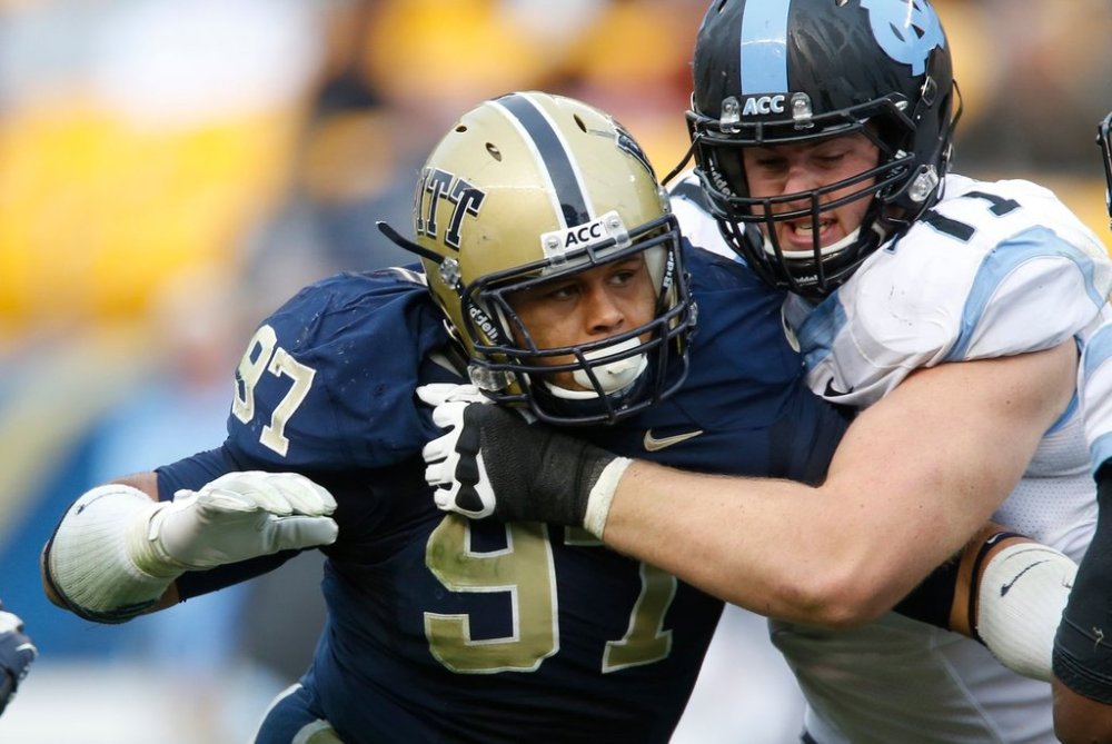 FILE - Pittsburgh defensive lineman Aaron Donald (97) in action in an NCAA football game between Pittsburgh and North Carolina in Pittsburgh, on Nov. 16, 2013. (AP Photo/Keith Srakocic, File)