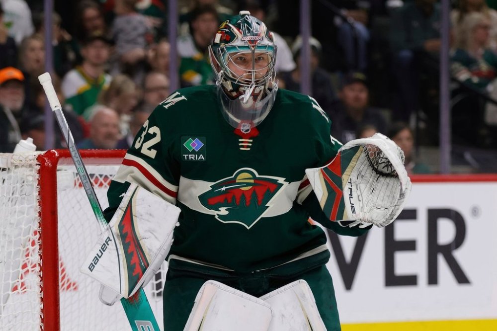 FILE - Minnesota Wild goaltender Filip Gustavsson watches the play during the second period of Game 6 of a first-round NHL hockey playoff series against the Vegas Golden Knights, May 1, 2025, in St. Paul, Minn. (AP Photo/Bailey Hillesheim, File)
