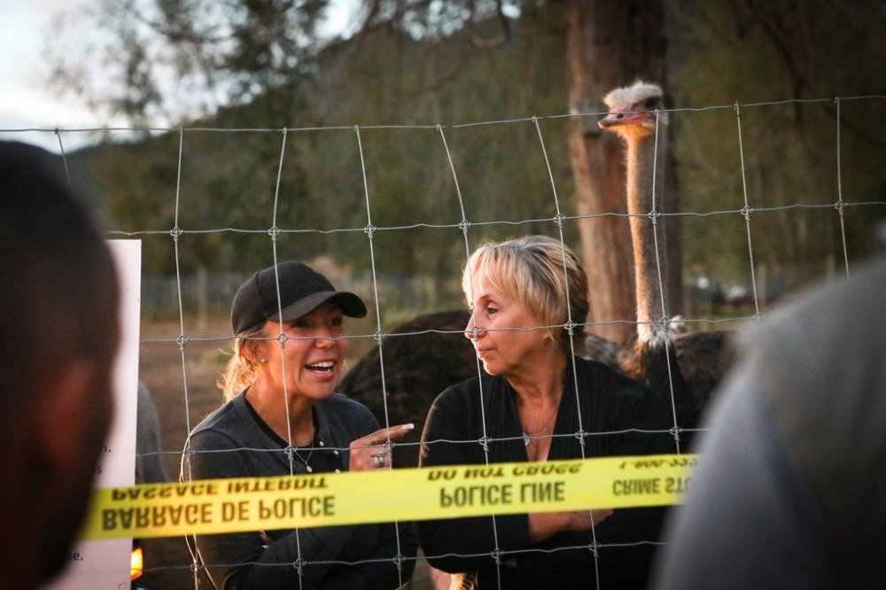 Karen Espersen, right, the co-owner of Universal Ostrich Farms, speaks with supporters with her daughter, Katie Pasitney, at the farm in Edgewood, B.C., on Monday, Sept. 22, 2025, as the Canadian Food Agency prepares to cull 400 of the farm’s ostriches this week. THE CANADIAN PRESS/Aaron Hemens