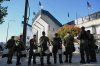 Riot police stand outside Toumba stadium ahead of a Europa League soccer match between PAOK and Israeli team Maccabi Tel Aviv in the port city of Thessaloniki, northern Greece, Wednesday, Sept. 24, 2025. (AP Photo/Giannis Papanikos)