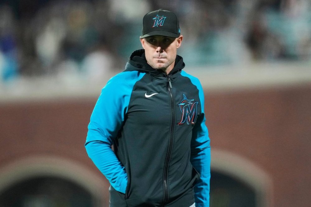 FILE - Miami Marlins manager Skip Schumaker walks off the field during the third inning of a baseball game against the San Francisco Giants= in San Francisco, Friday, Aug. 30, 2024. (AP Photo/Jeff Chiu, File)