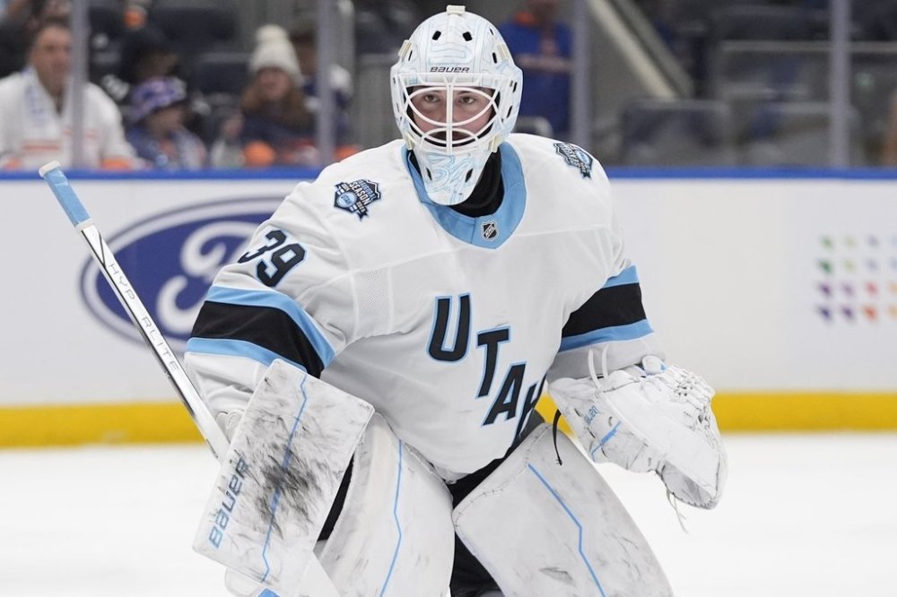 FILE - Utah Hockey Club goaltender Connor Ingram protects the net during the second period of an NHL hockey game against the New York Islanders, Thursday, Oct. 10, 2024, in Elmont, N.Y. (AP Photo/Frank Franklin II, File)