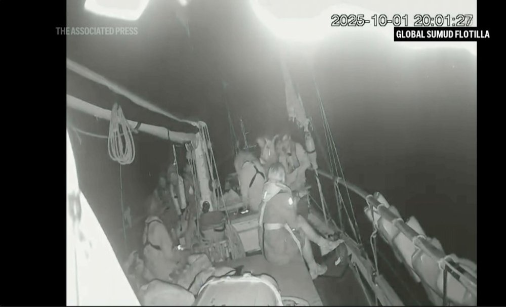 Activists on board a flotilla of vessels sailing toward Gaza say the Israeli navy has begun intercepting their vessels as they approach the besieged Palestinian territory, Wednesday, Oct. 1, 2025. (Global Sumud Flottila via AP)